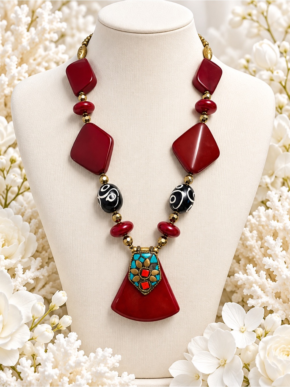 Red Statement Pendant Necklace with Multicolor Inlay - Women Jewelry